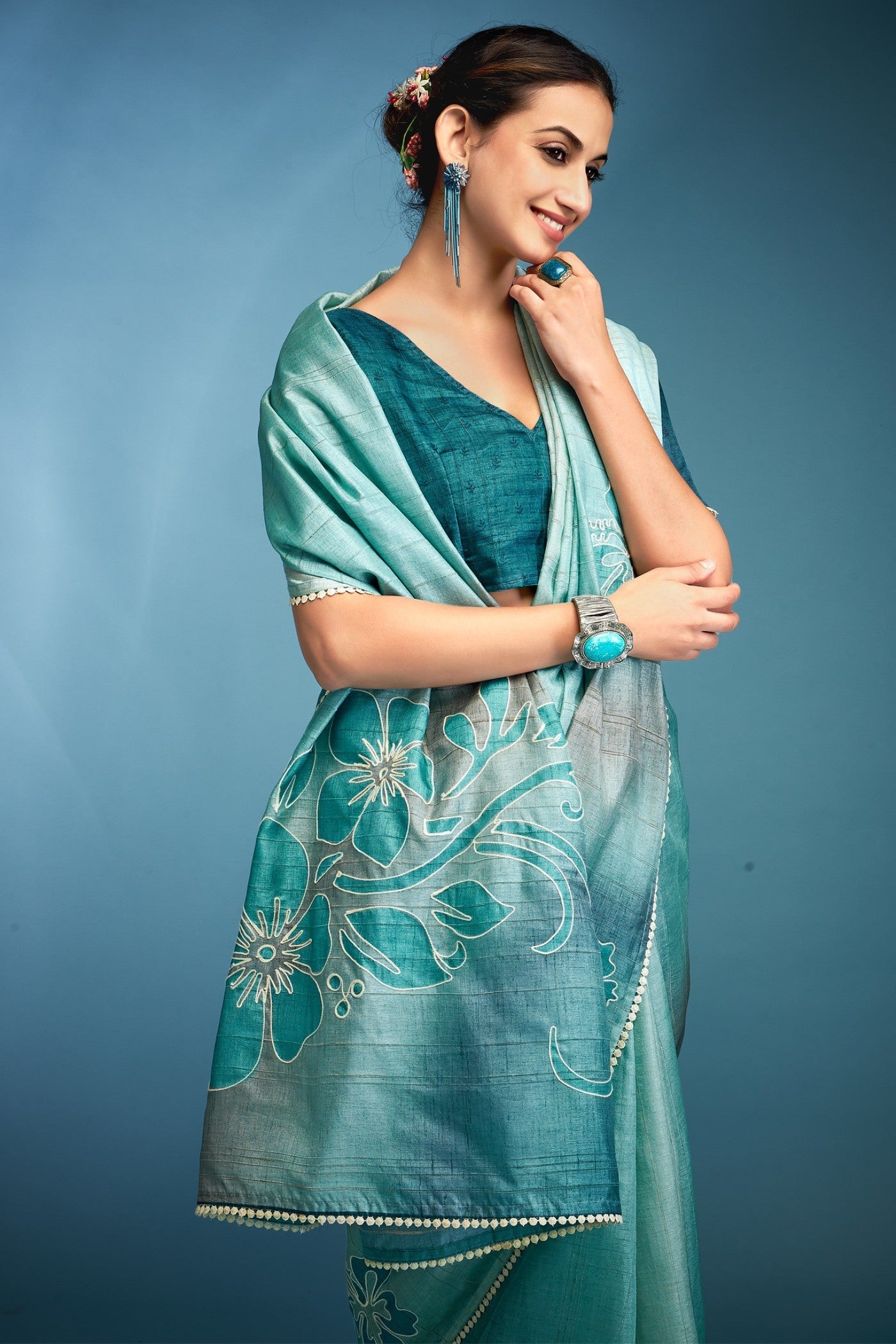 Blue Flax Designer Tussar Silk Saree