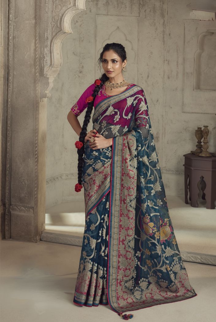 Oxford Blue Woven Organza Saree