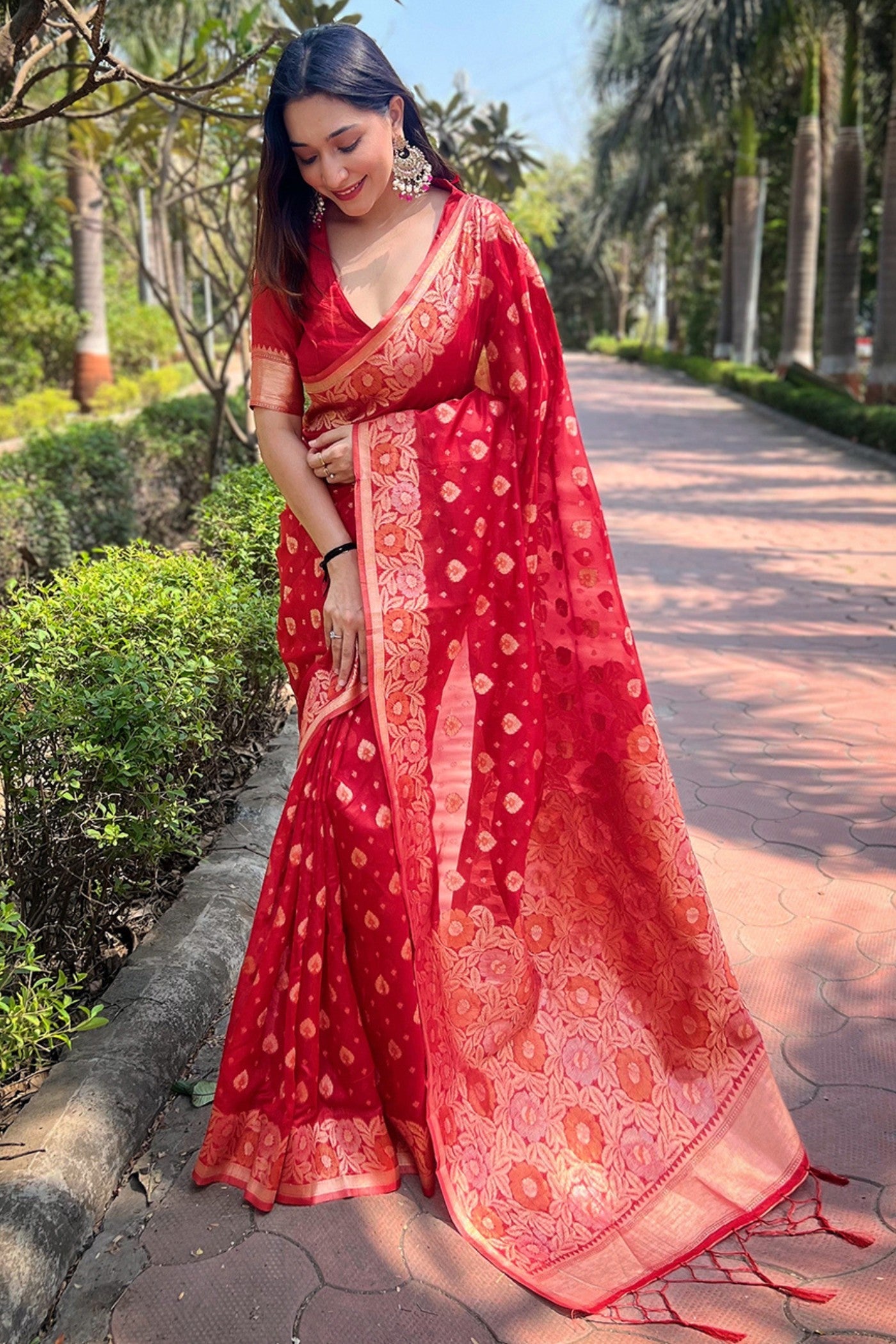 Crimson Red Zari Woven Organza Saree