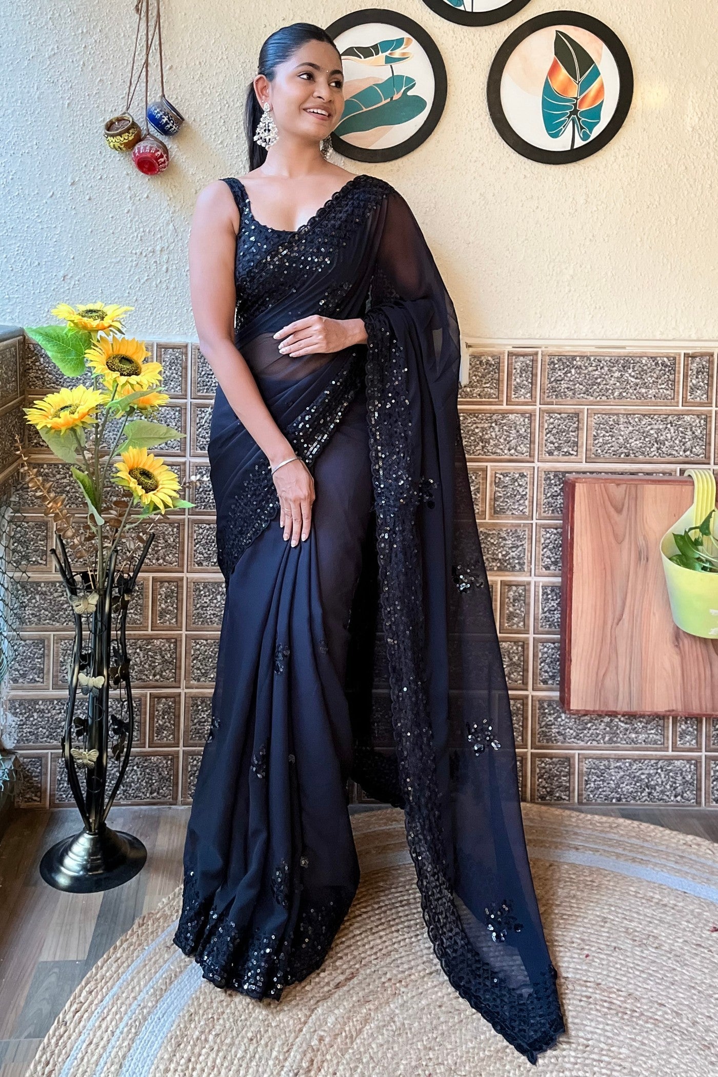 Persian Lily Black Embroidery Georgette saree