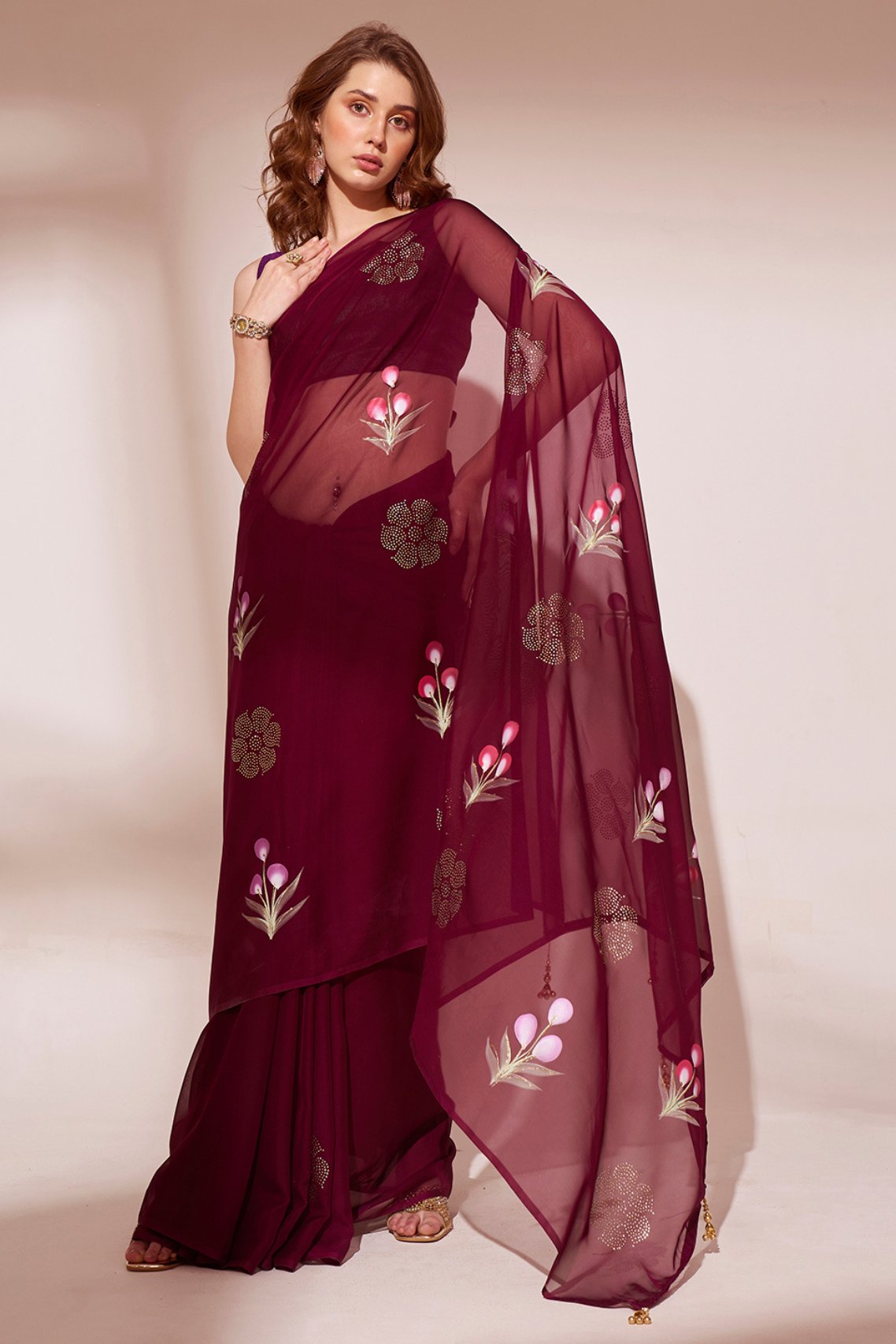 Bordeaux Maroon Printed Organza Saree