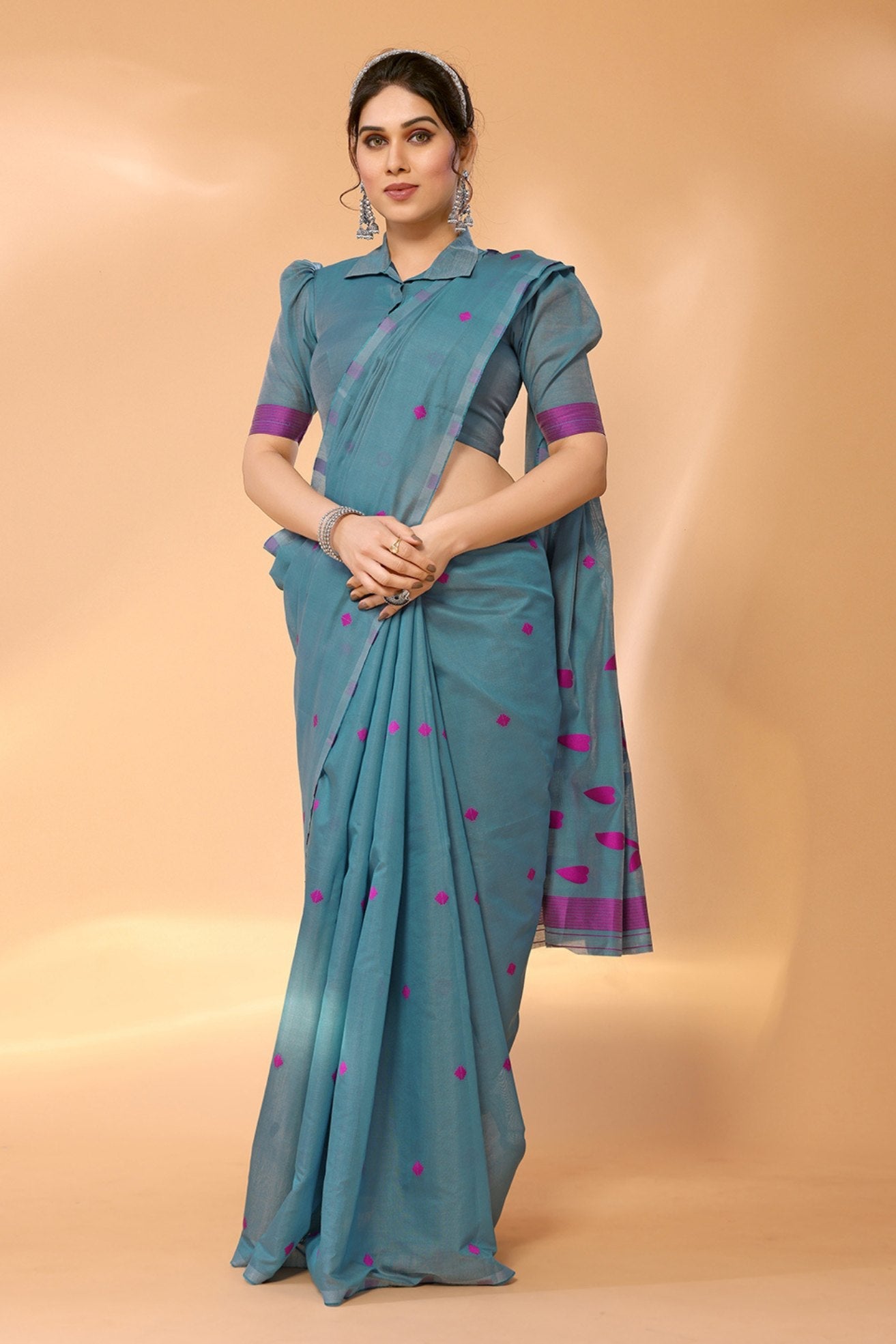 Smalt Blue Woven Chanderi Cotton Saree