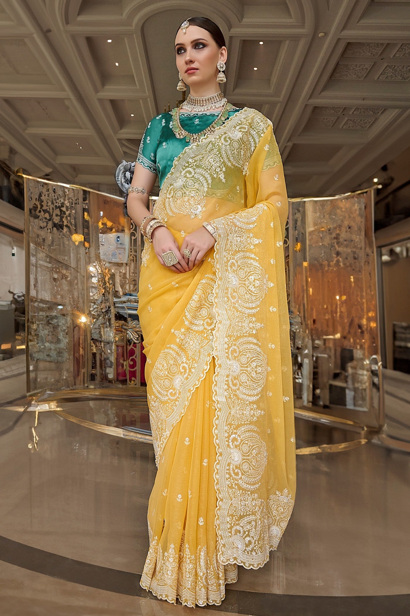 Anzac Yellow Tissue Designer Saree