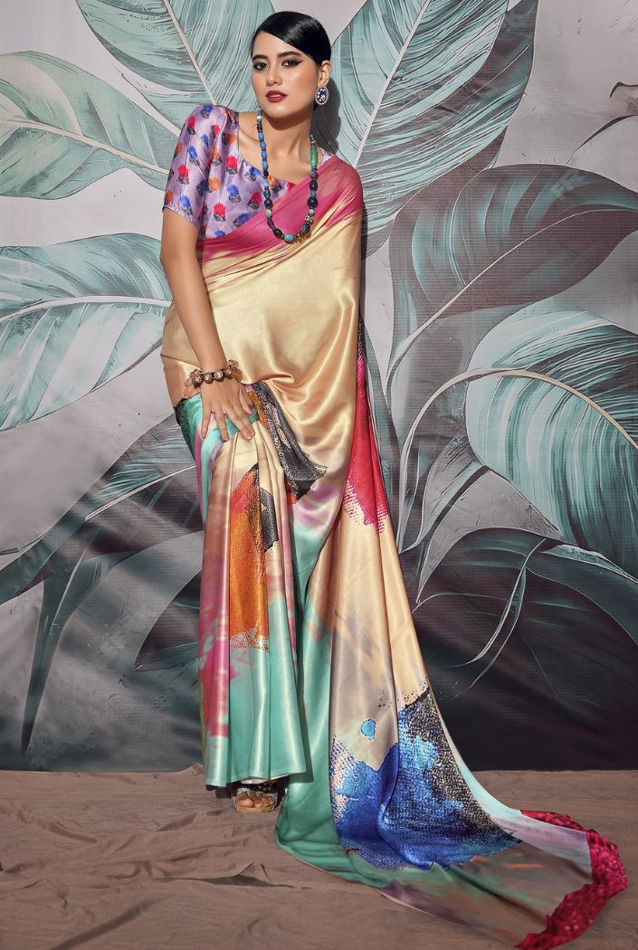 Multicolor Cream Printed Satin Silk Saree