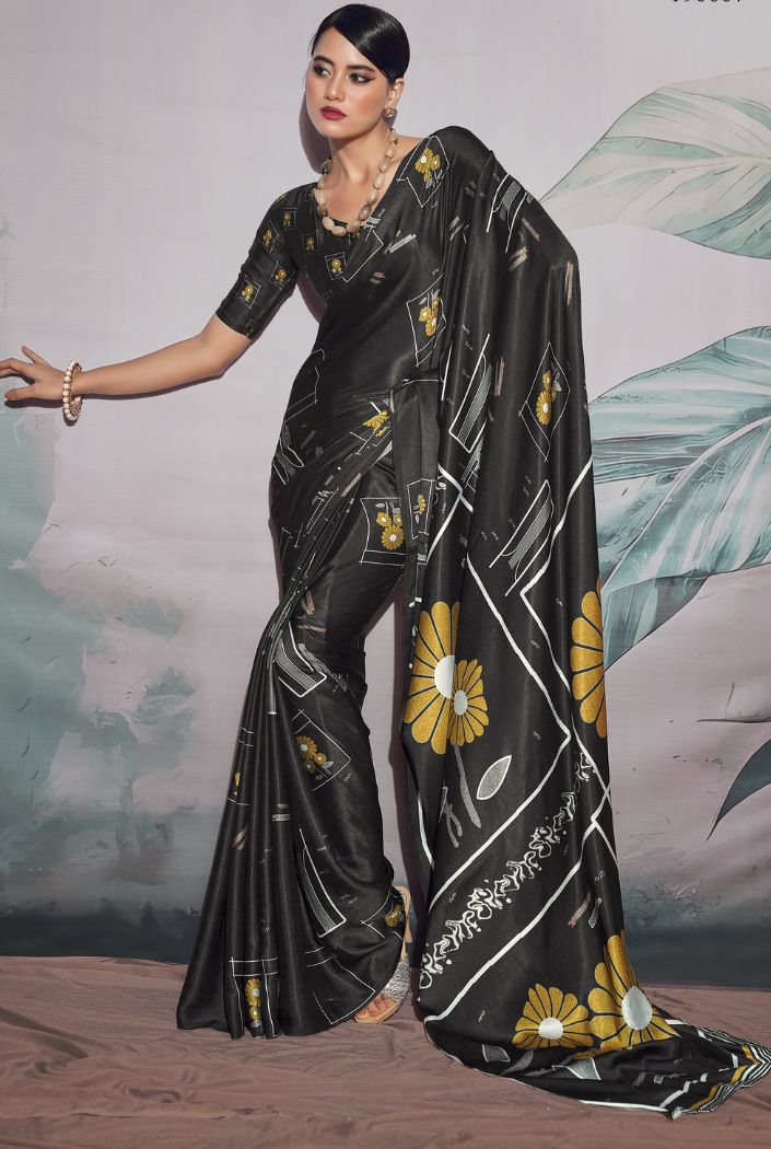 Mine Shaft Black Printed Satin Silk Saree