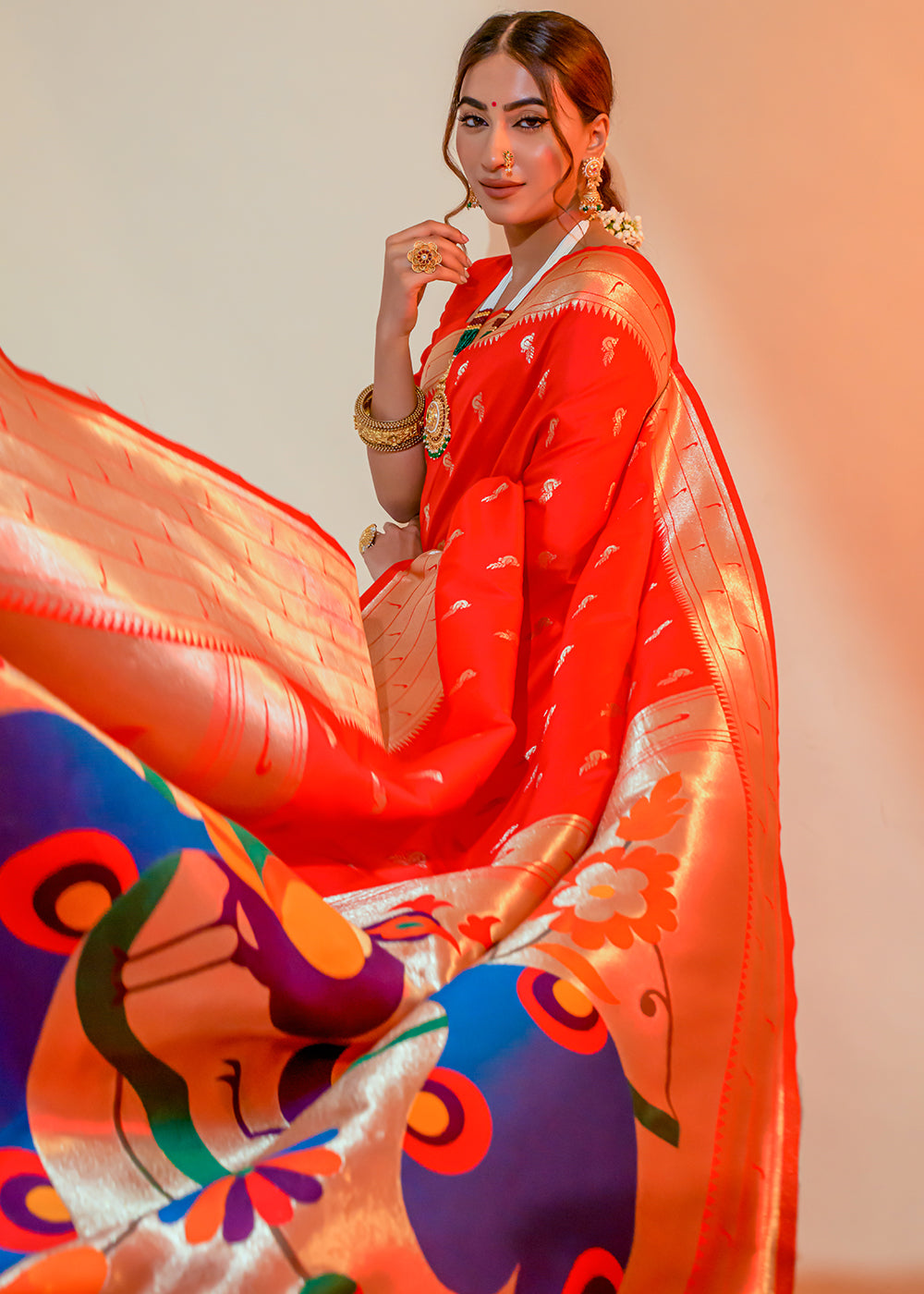 Orange Red Woven Paithani Silk Saree