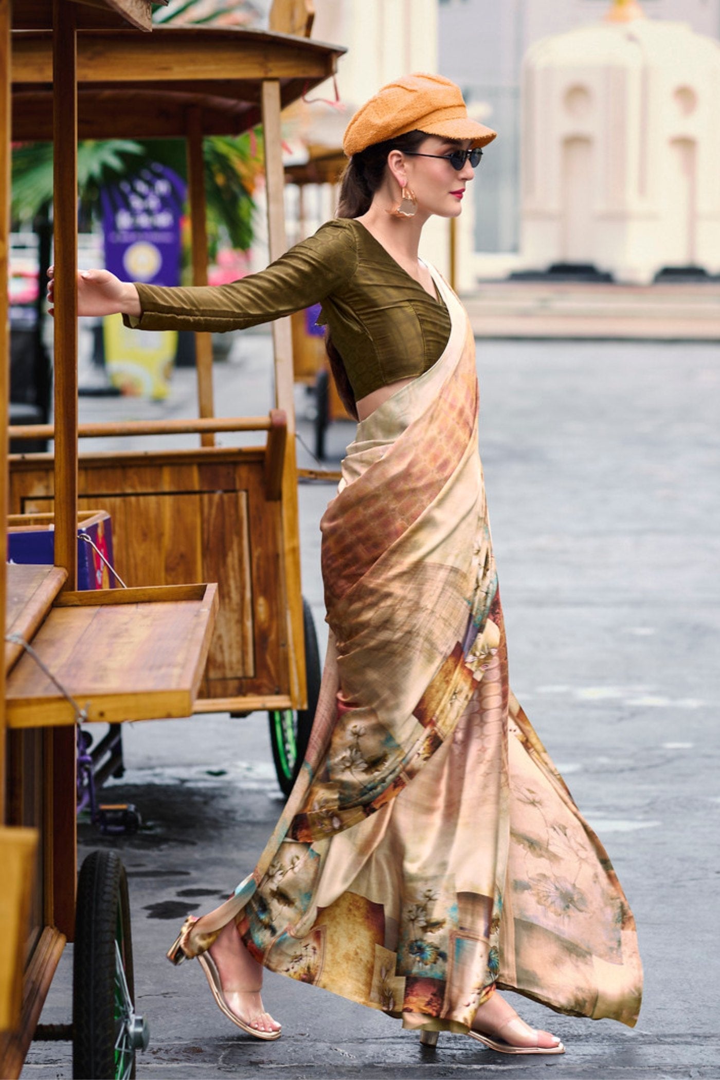 Teak Brown Printed Satin Crepe Silk Saree