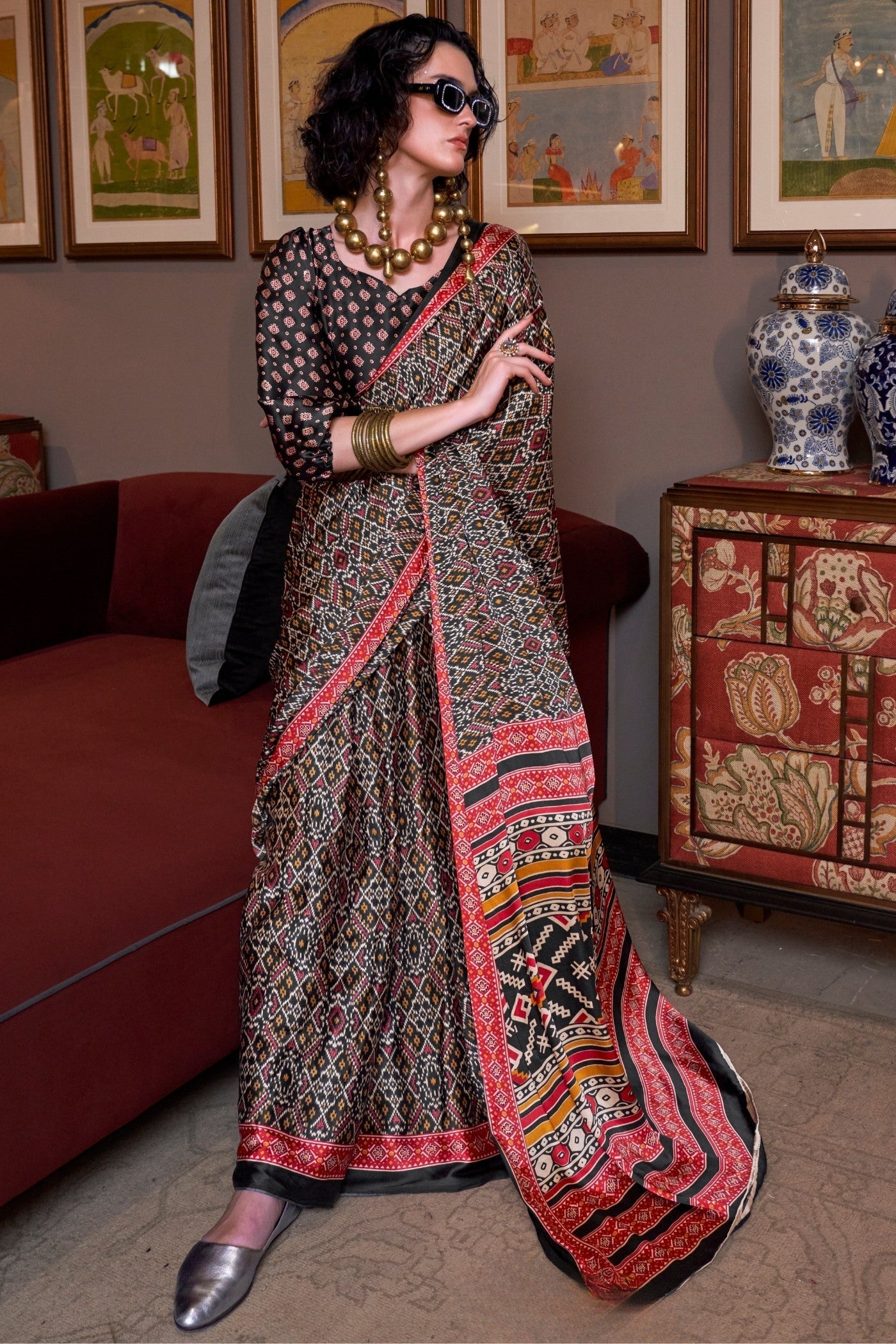 Raven Black and Red Patola Printed Satin Crepe Saree