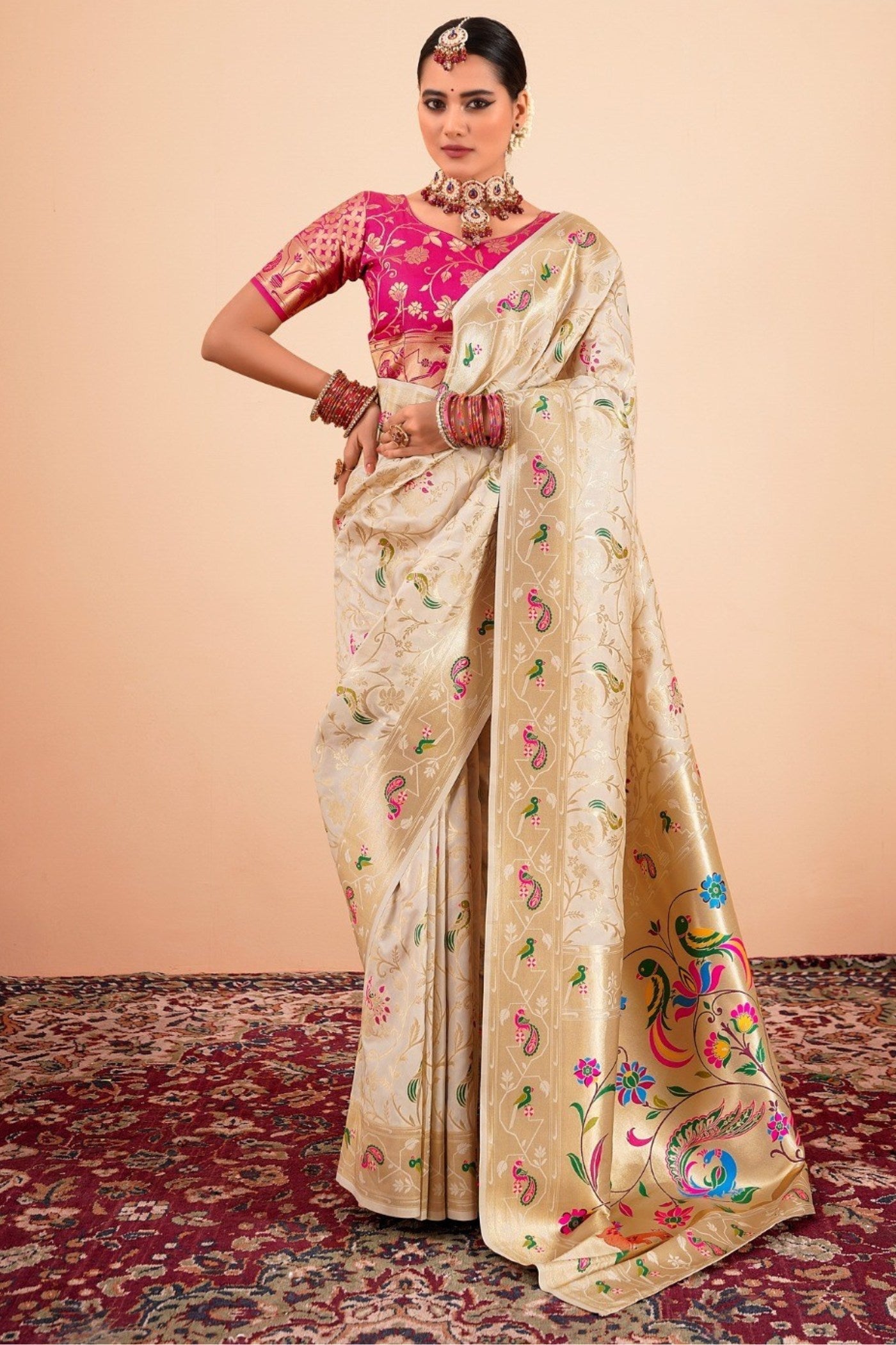 Vanilla Cream Woven Paithani Saree