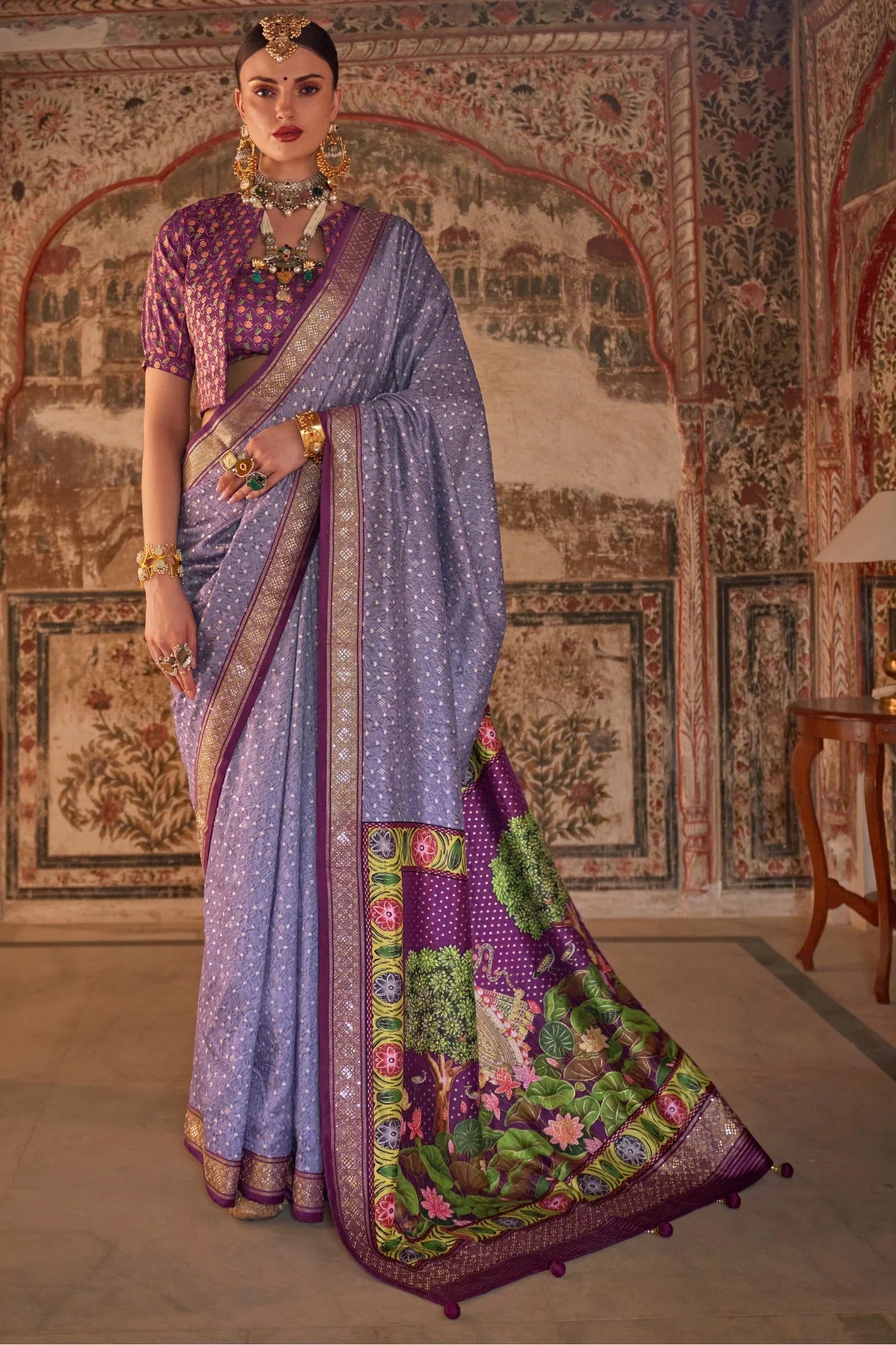 Premium Periwinkle Purple Printed Patola Saree