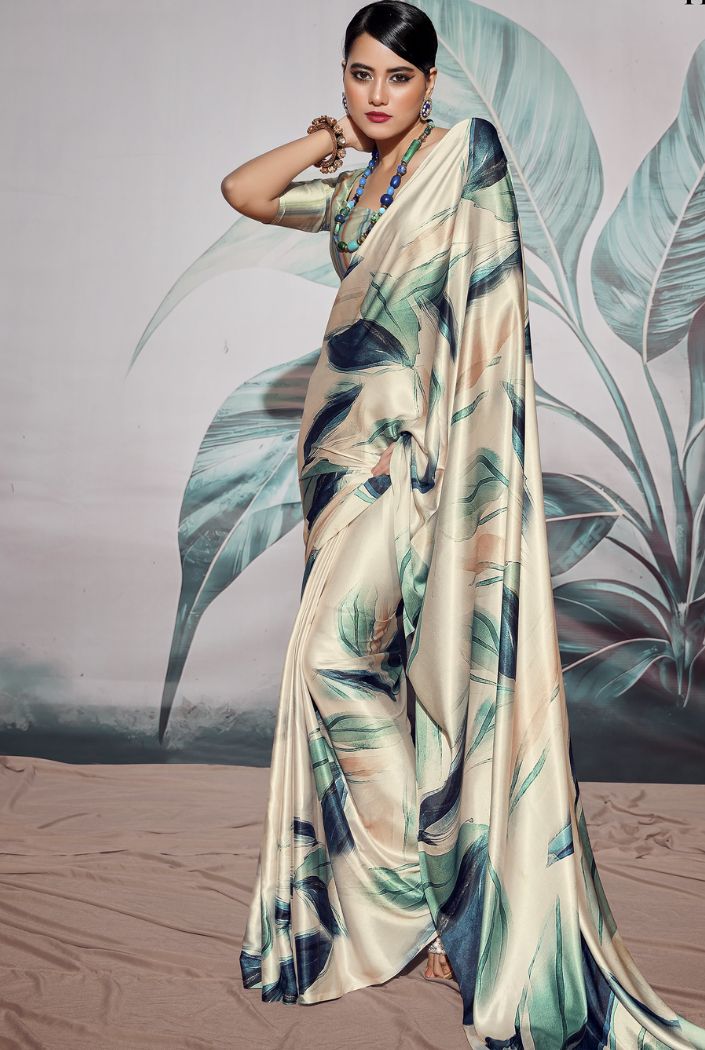 Bone Cream and Green Printed Satin Silk Saree