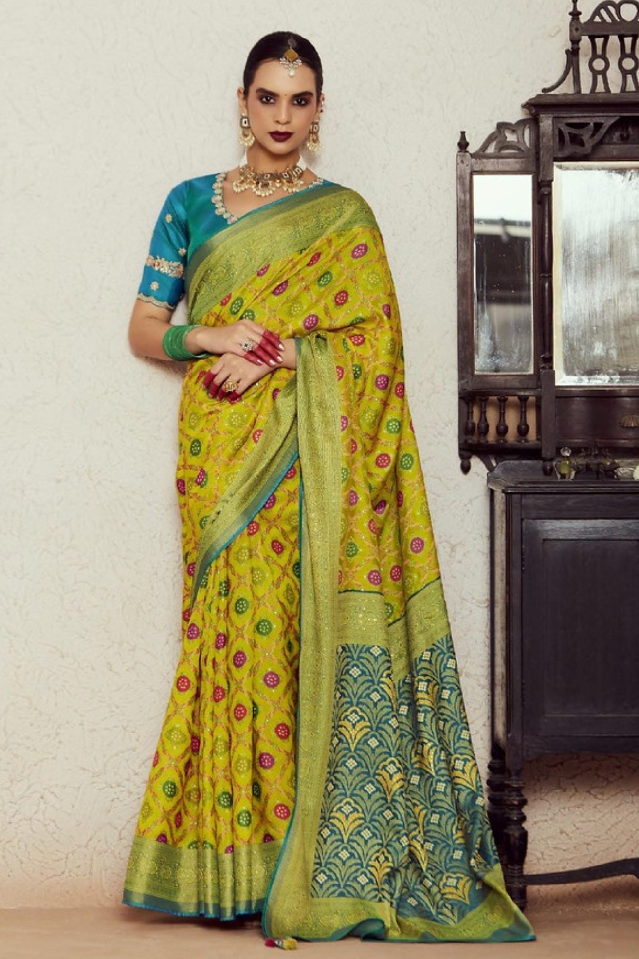 Old Gold Yellow and Blue Printed Brasso Soft Silk Saree