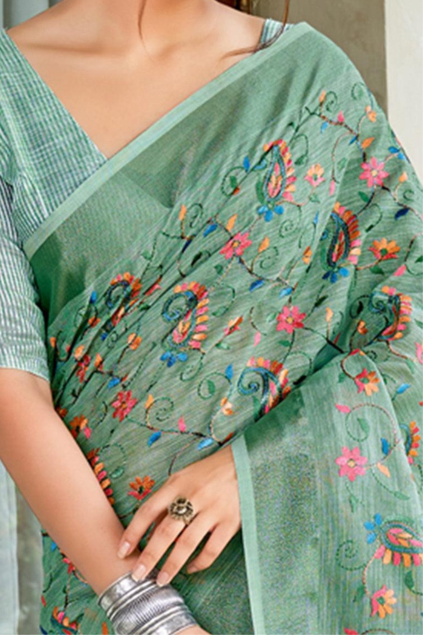 Summer Green Handcrafted Linen Saree