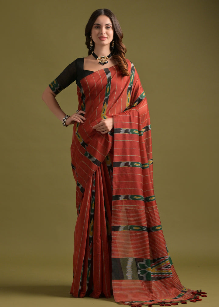 Spice Brown Soft Ikkat Cotton Woven Saree