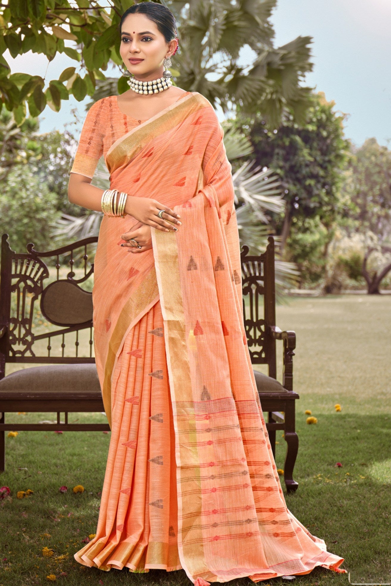 Manhattan Peach Cotton Silk Saree