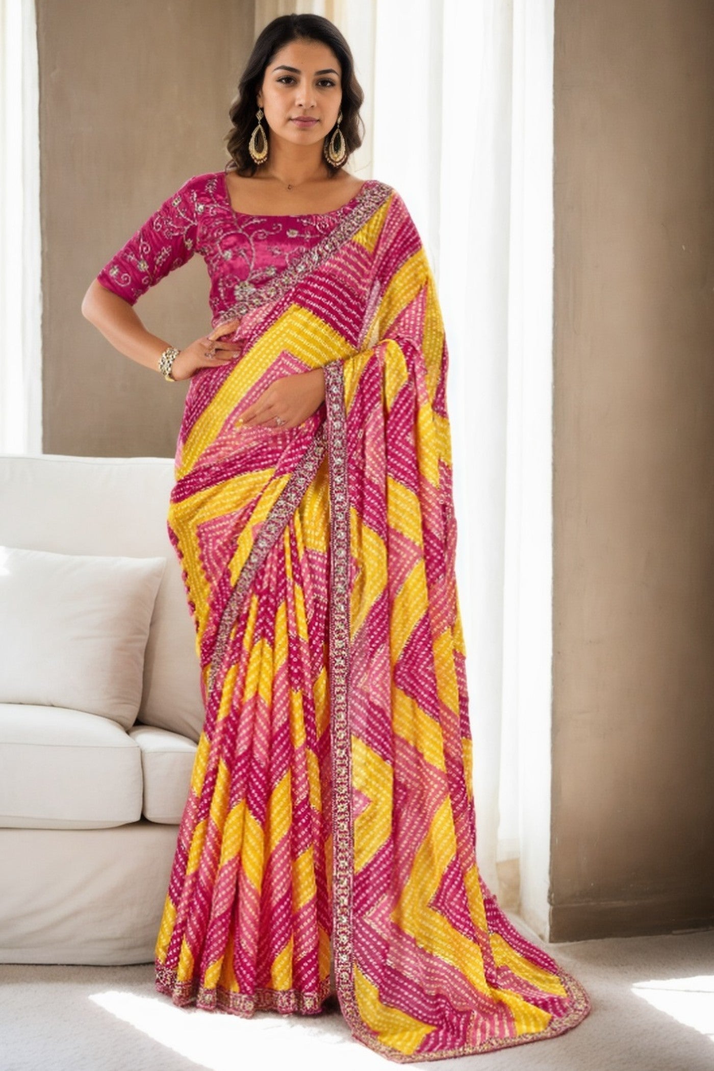 Zest Yellow and Pink Bandhani Digital Printed Silk Saree