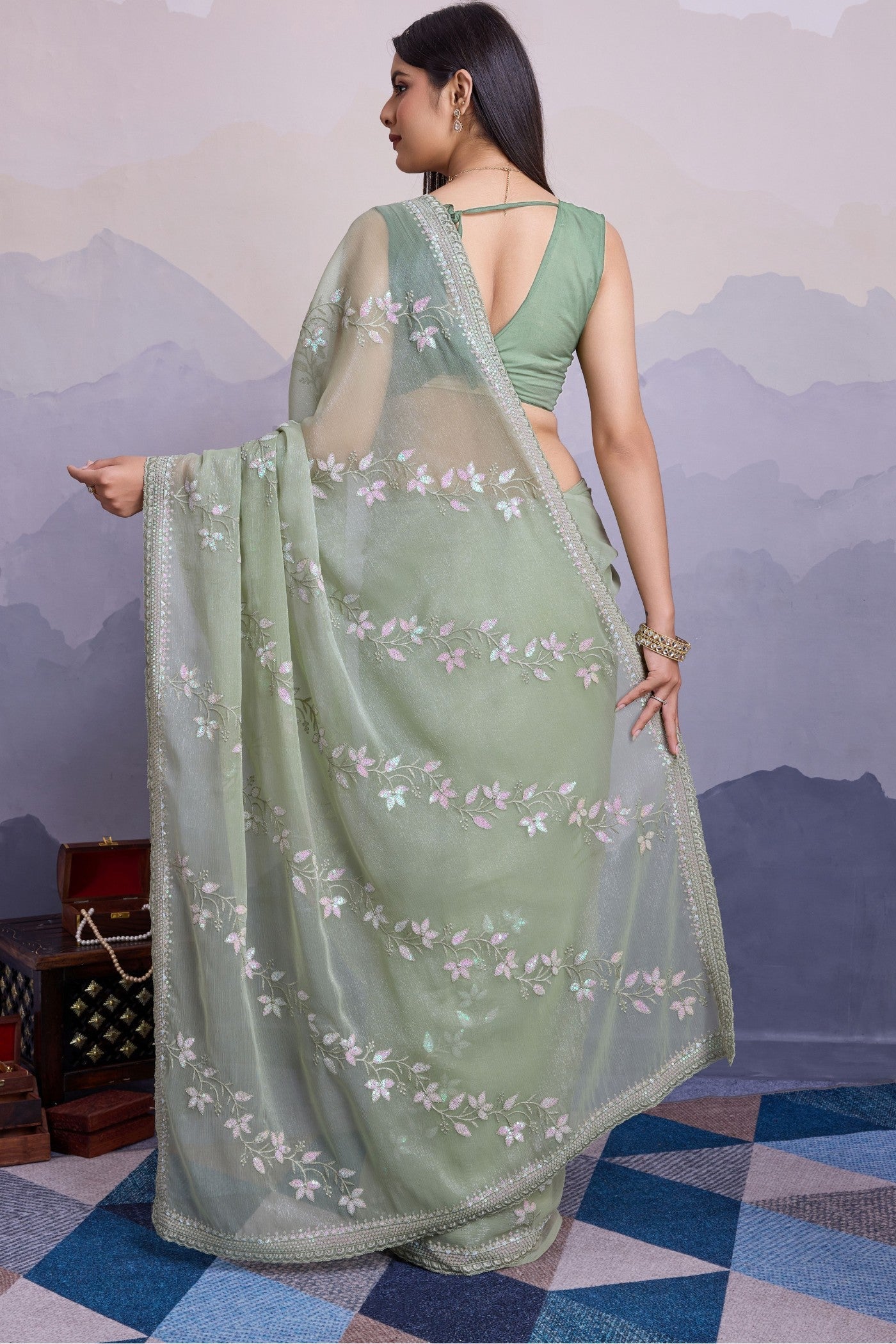 Pastel Green Embroidered Designer Chiffon Saree