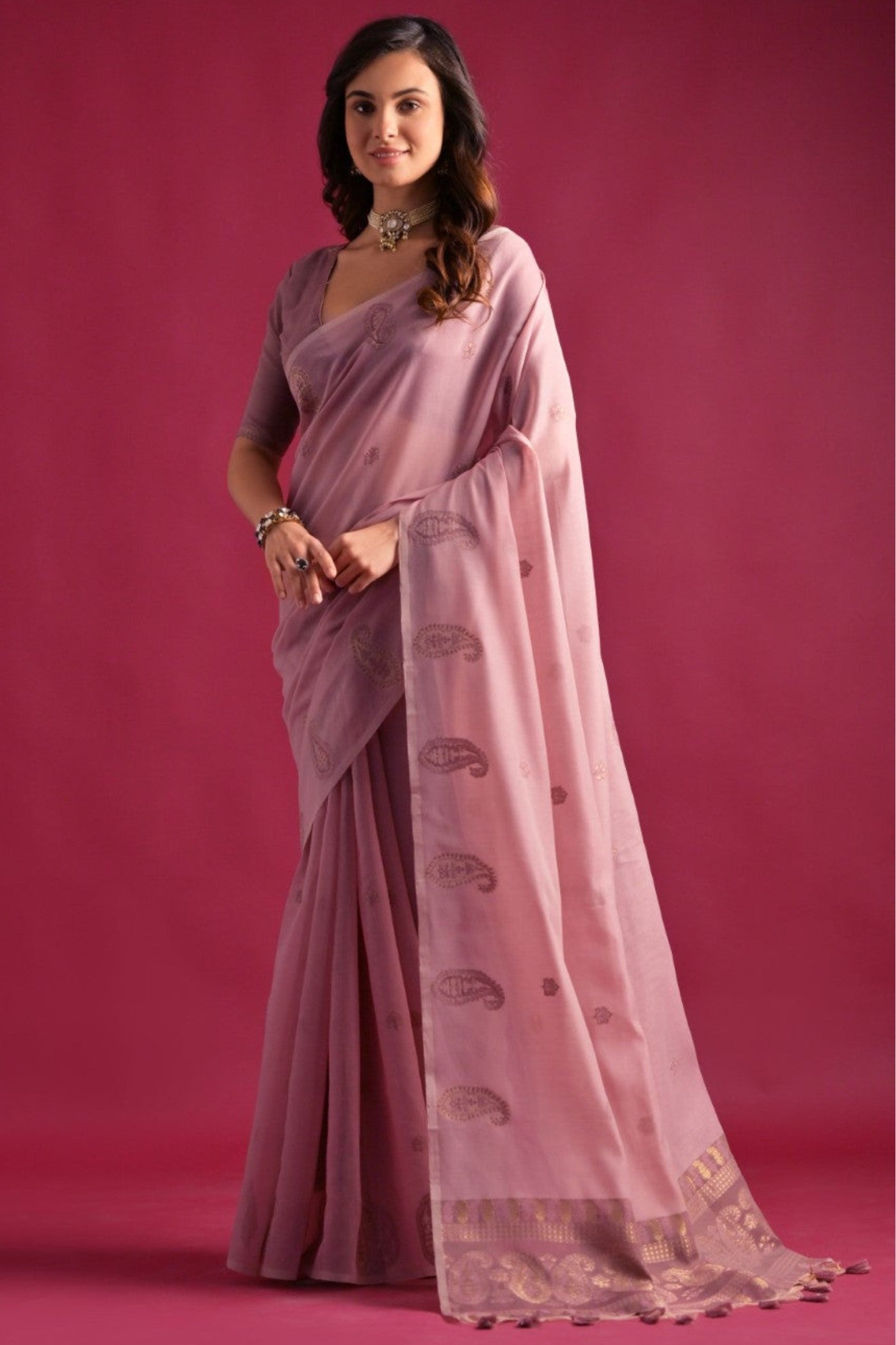 Rose Purple Shade Woven Mul Cotton Saree