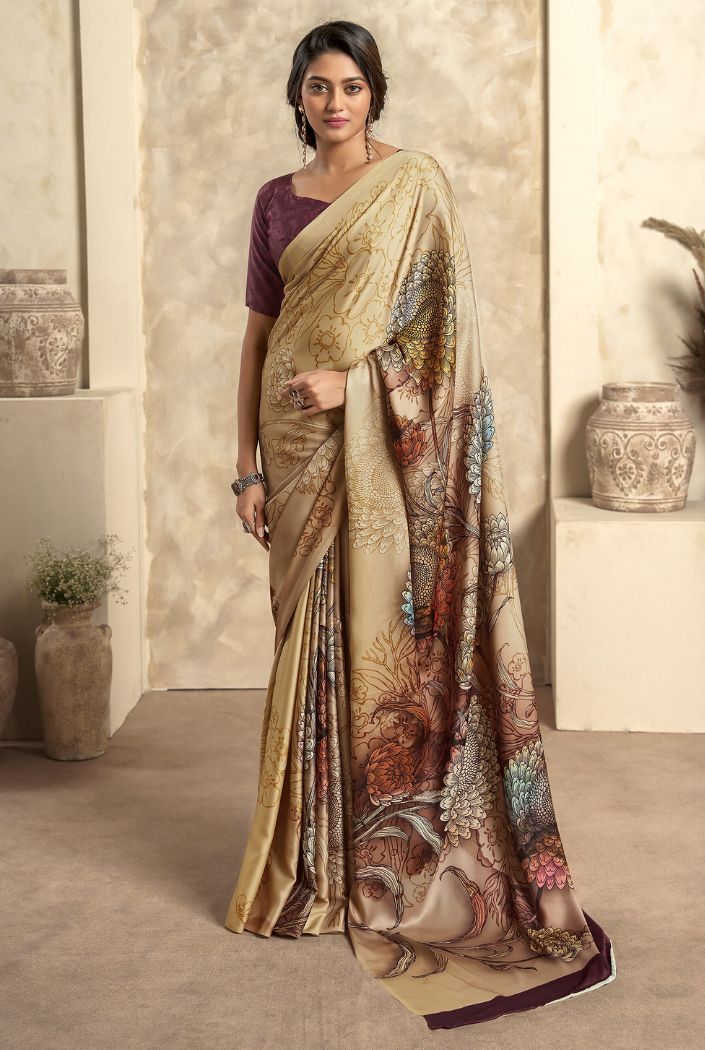 Rich Cream Printed Satin Silk Saree