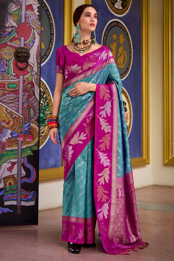 Breaker Bay Blue and Pink Banarasi Soft Silk Saree