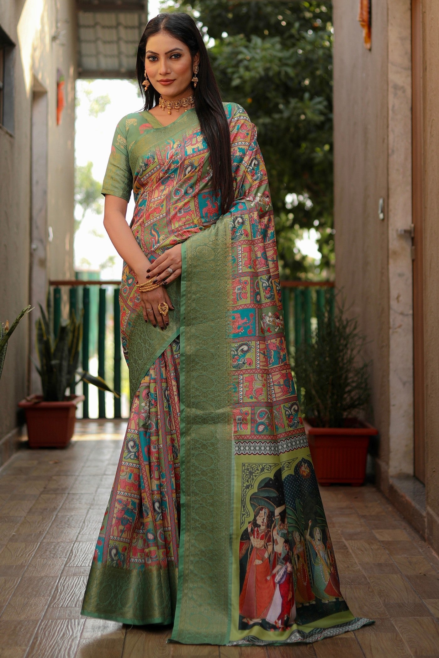 Lotus Pink and Green Digital Printed Kalamkari Saree