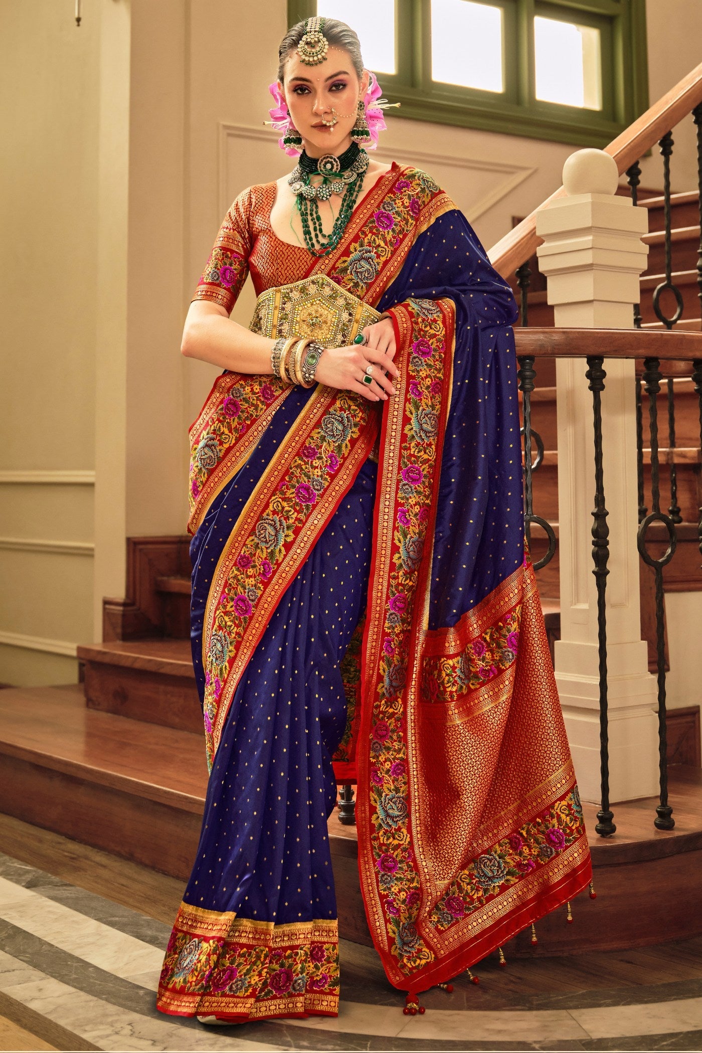 Port Gore Blue Printed Banarasi Saree