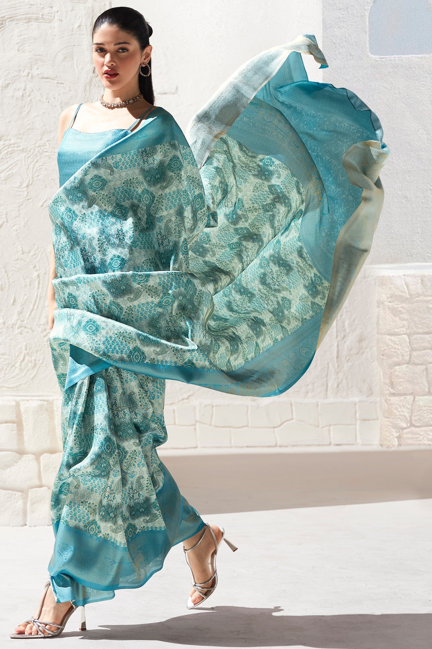 Neptune Blue Banarasi Digital Printed Saree