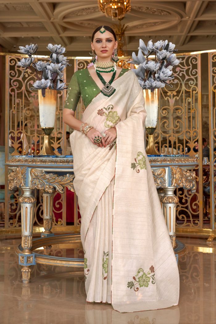 Bone Cream and Green Woven Tussar Floral Silk Saree