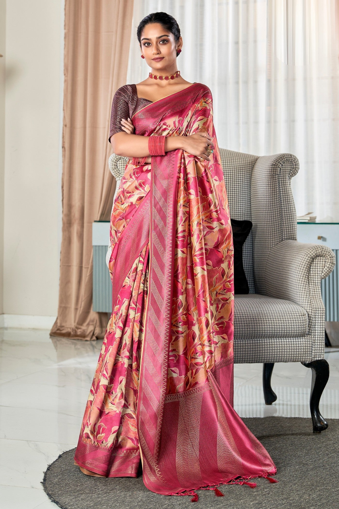 Stiletto Pink Digital Printed Banarasi Saree