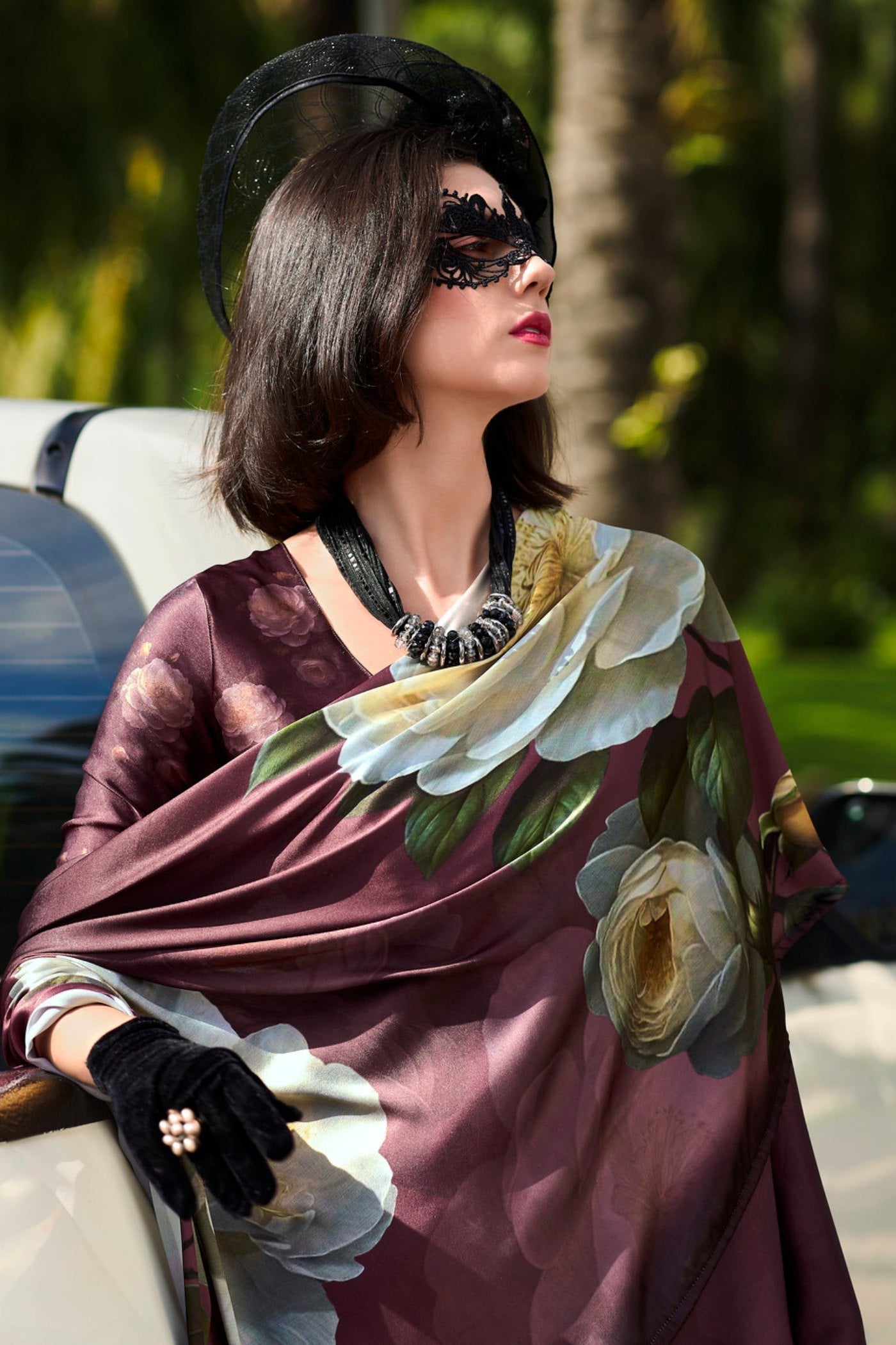 Buccaneer Brown Printed Satin Crepe Silk Saree