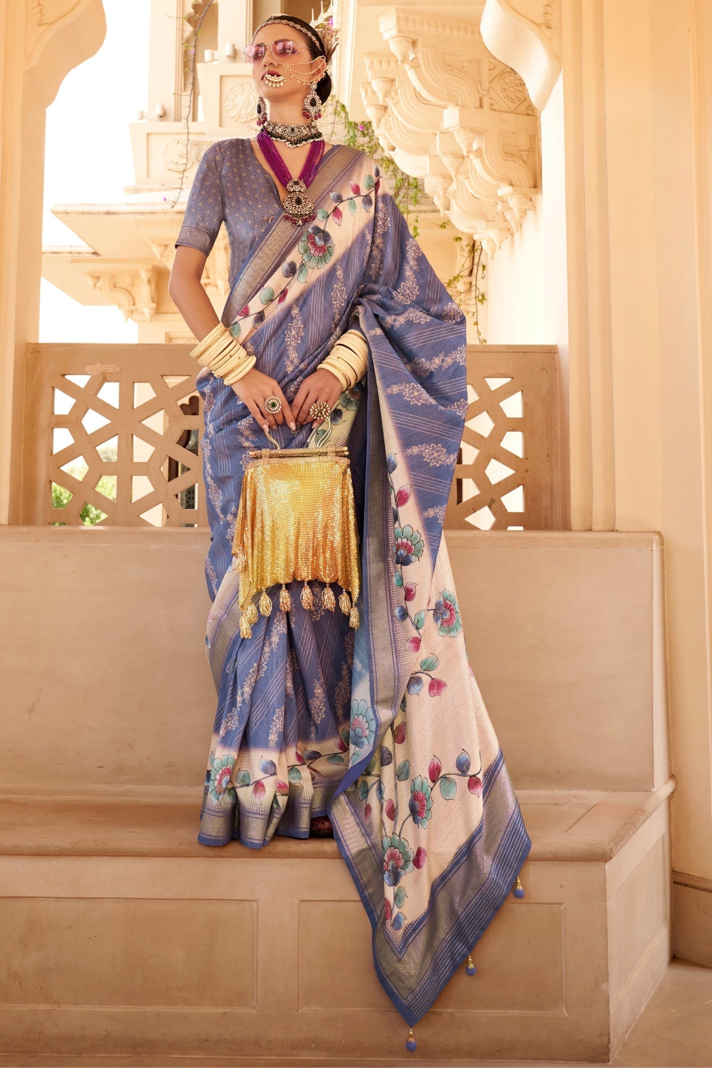 Waterloo Blue Floral Printed Banarasi Saree