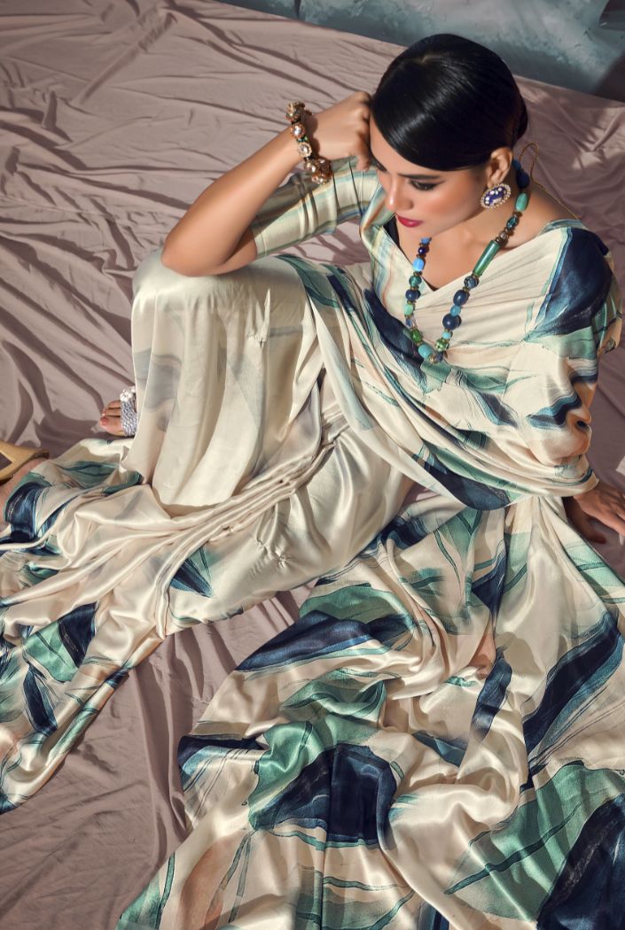 Bone Cream and Green Printed Satin Silk Saree