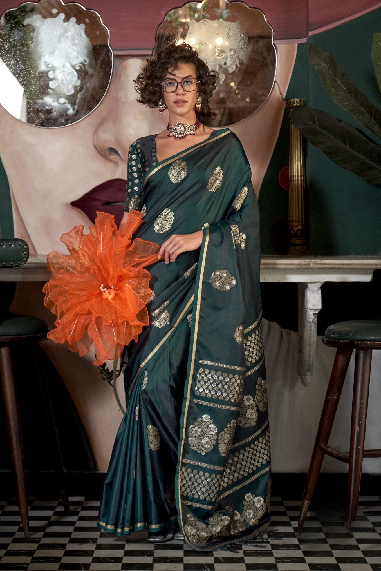 Dark Leaf Green Banarasi Handloom Satin Saree