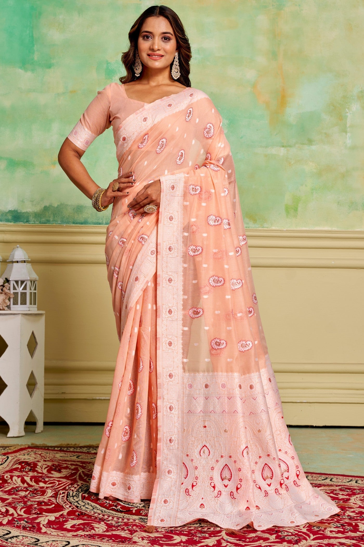 Salmon Peach Woven Cotton Saree