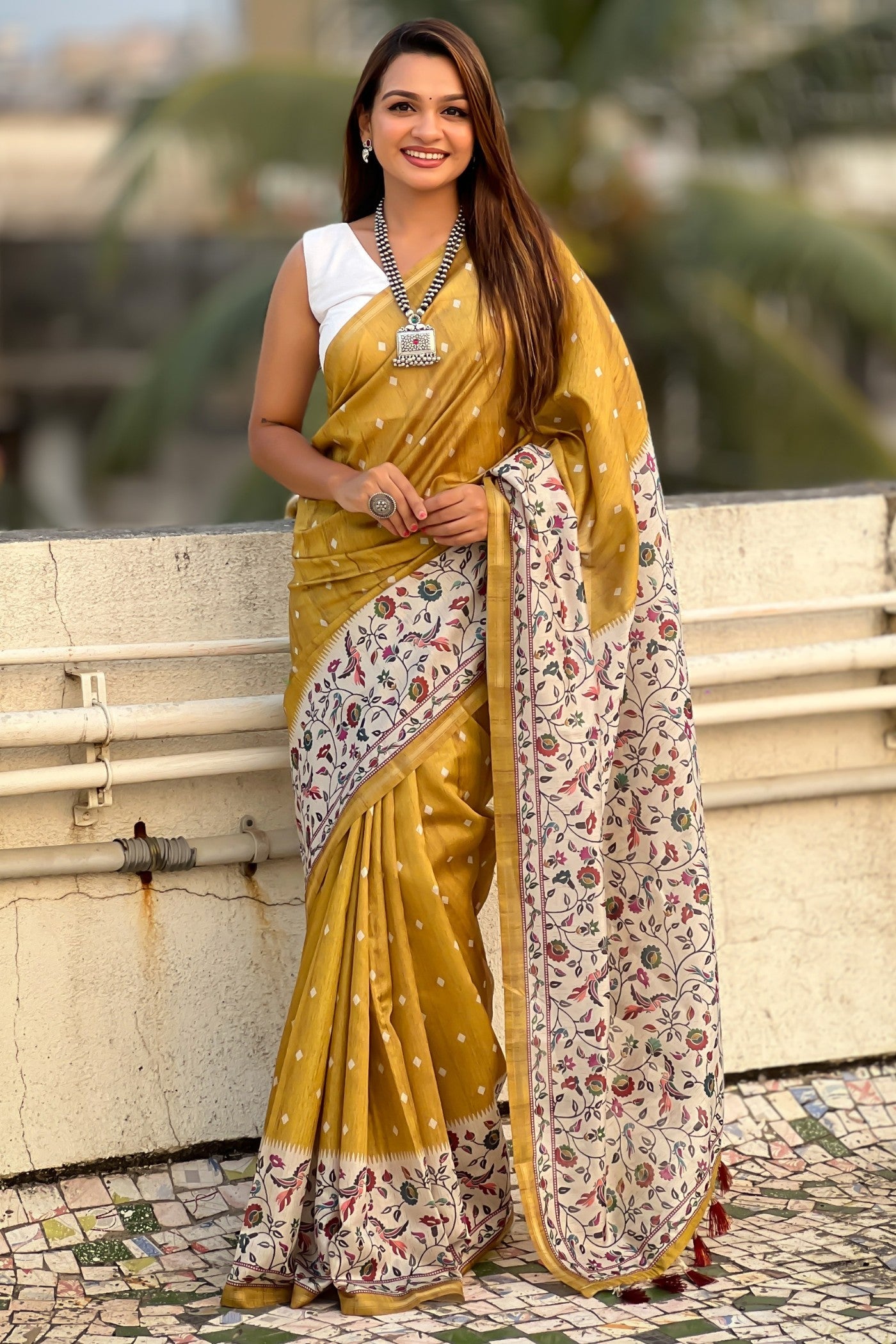 Mustard Yellow Floral Printed Kalamkari Saree