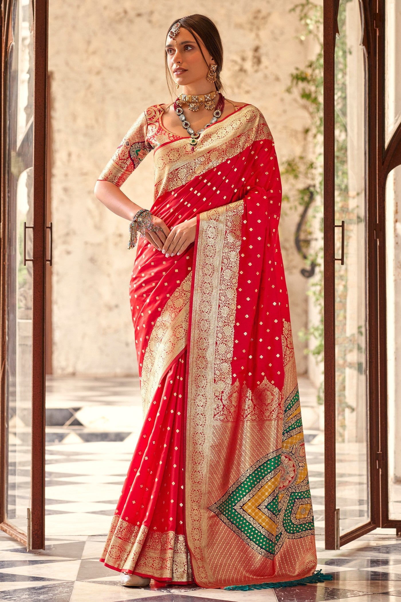 Roman Red Woven Banarasi Soft Silk Saree