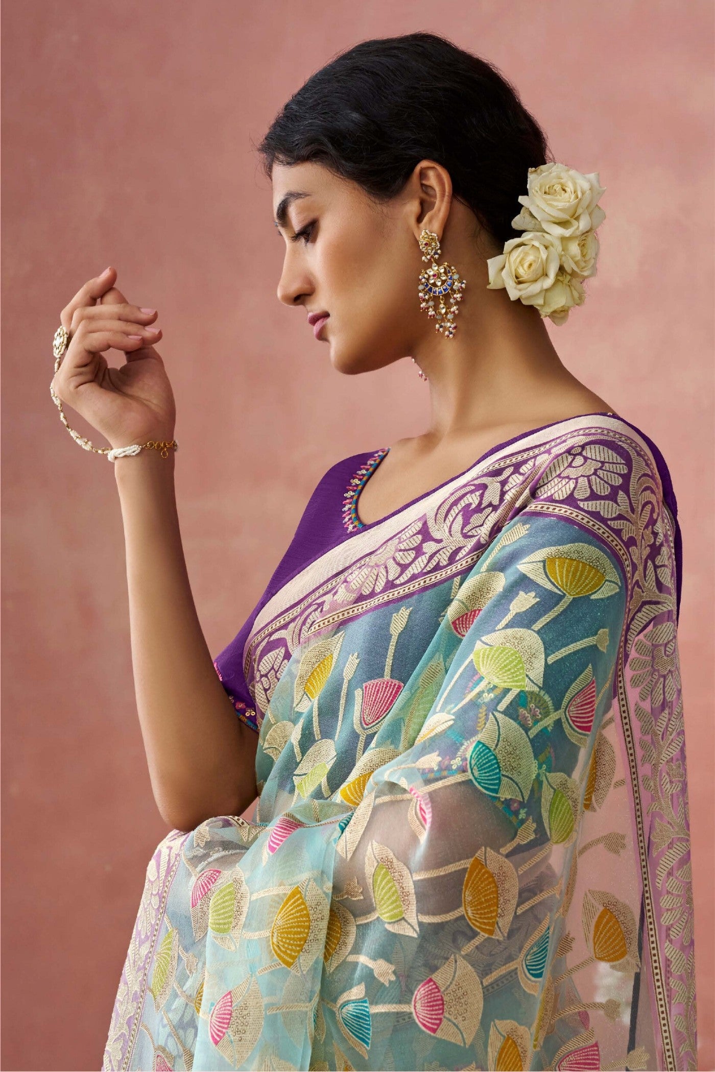 Mantle Green Brasso Organza Printed Saree