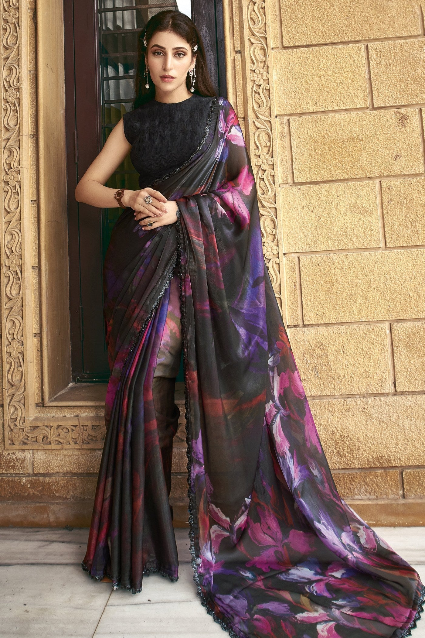 Cocoa Brown Satin Silk Saree