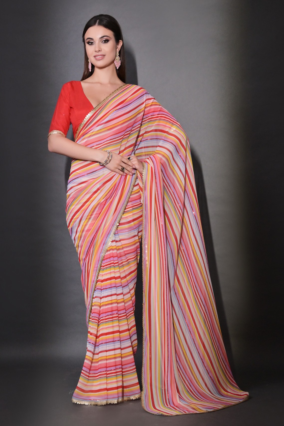 Petite Orchid Peach Georgette Lehriya Silk Saree