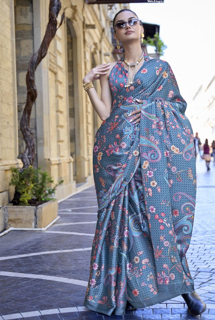 Porpoise Blue Digital Printed Satin Silk Saree