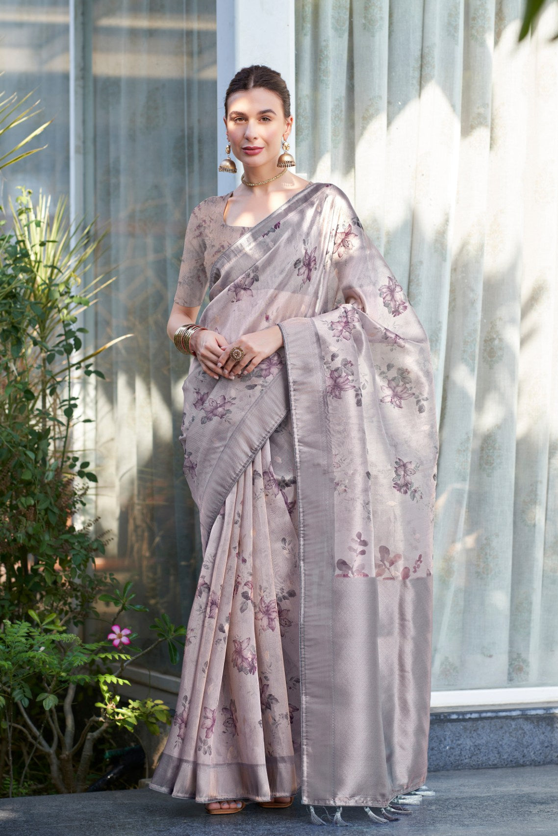 Twilight Grey Digital Printed Organza Saree