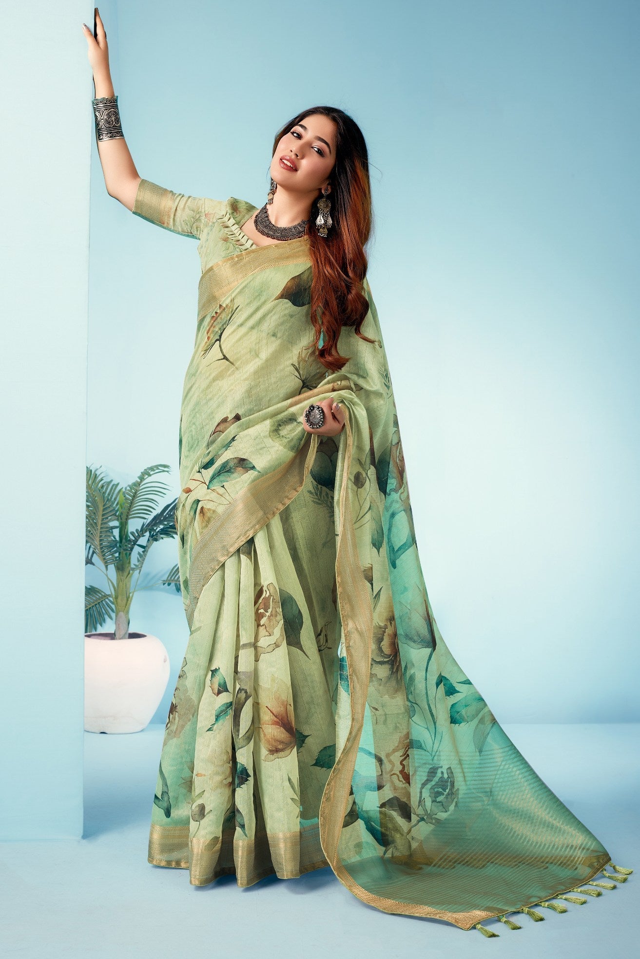 Green Mist Floral Linen Saree