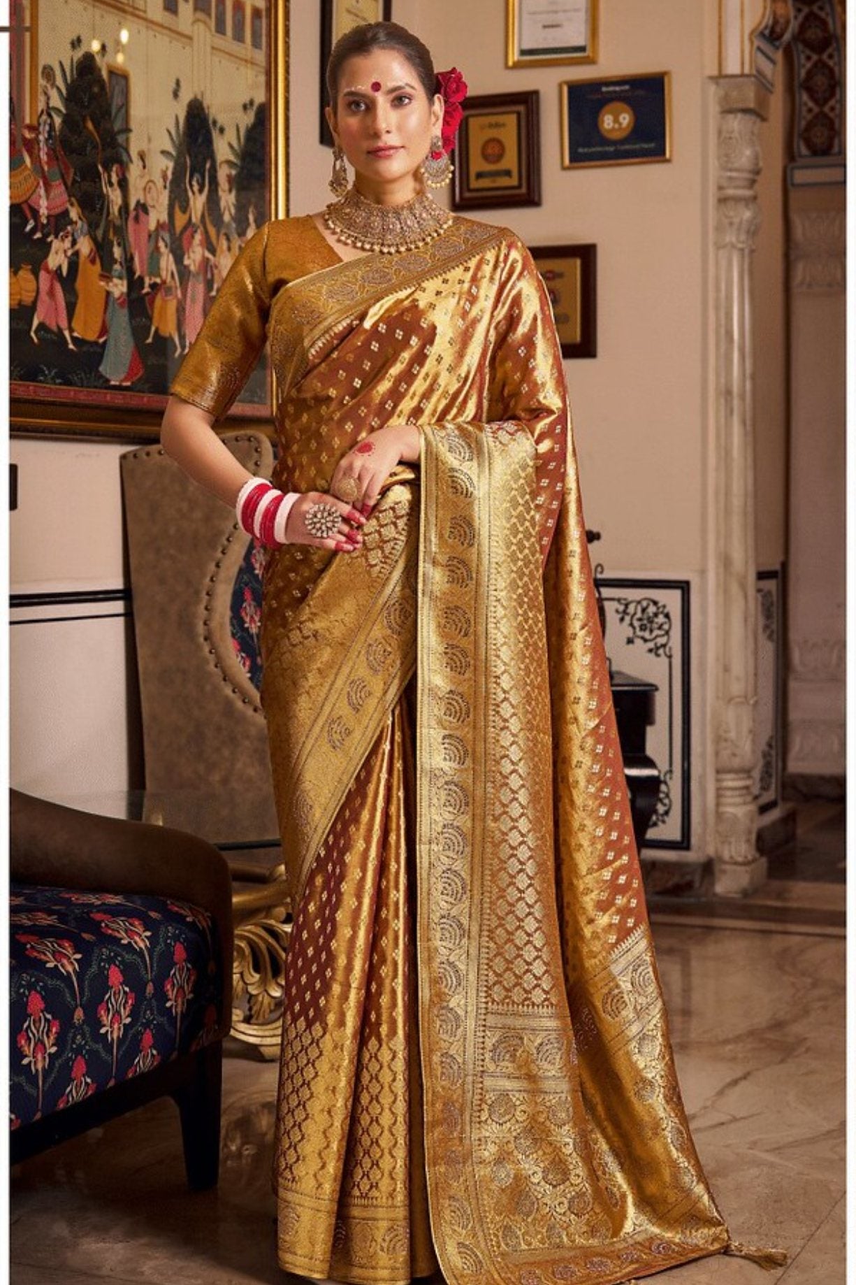 Brown Rust Zari Woven Banarasi Saree