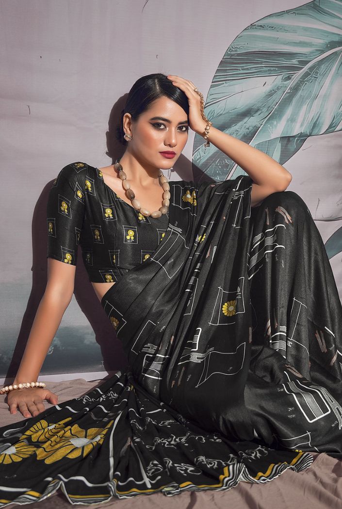 Mine Shaft Black Printed Satin Silk Saree