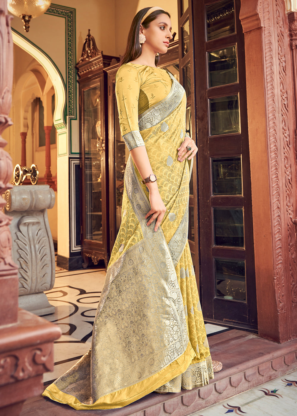 Sunset Pearl Yellow Banarasi Woven Satin Silk Saree