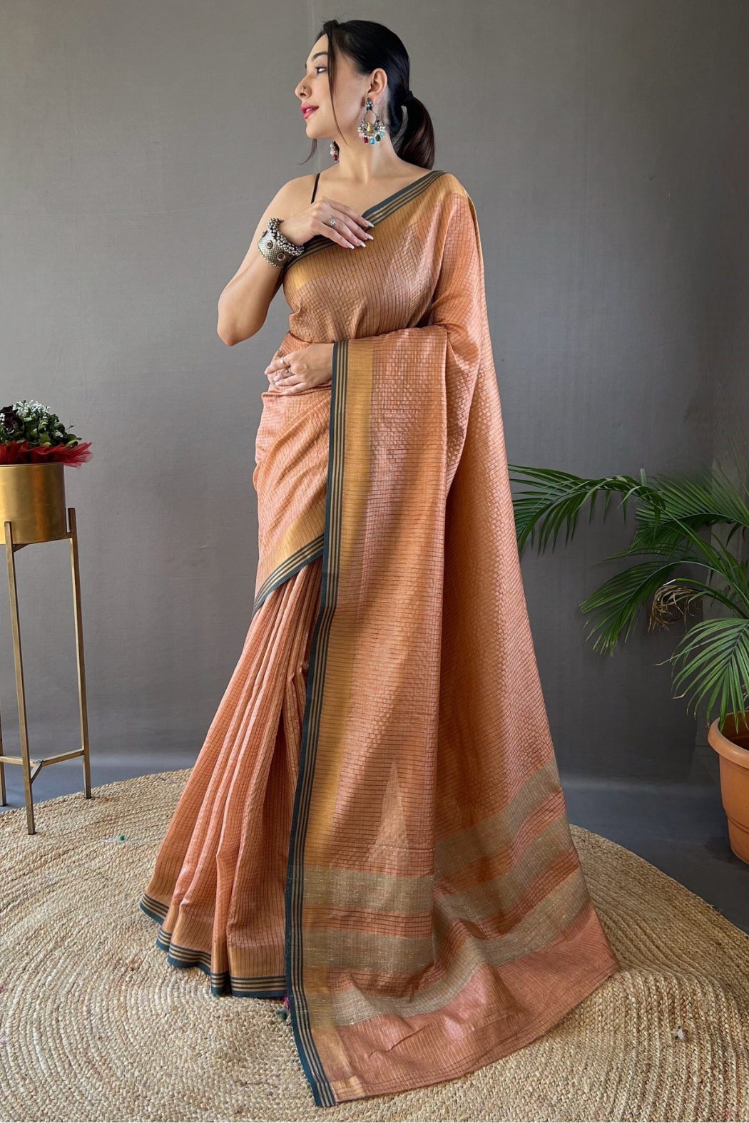 Copperfield Orange Organza Woven Saree