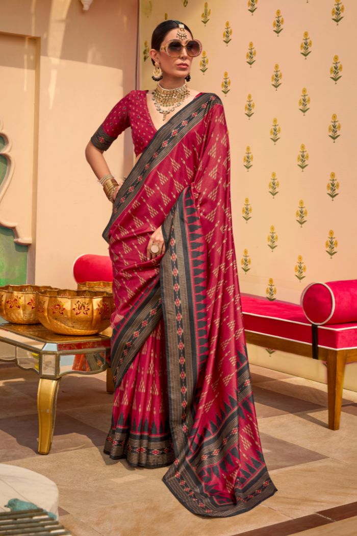 French Maroon Printed Banarasi Soft Silk Saree