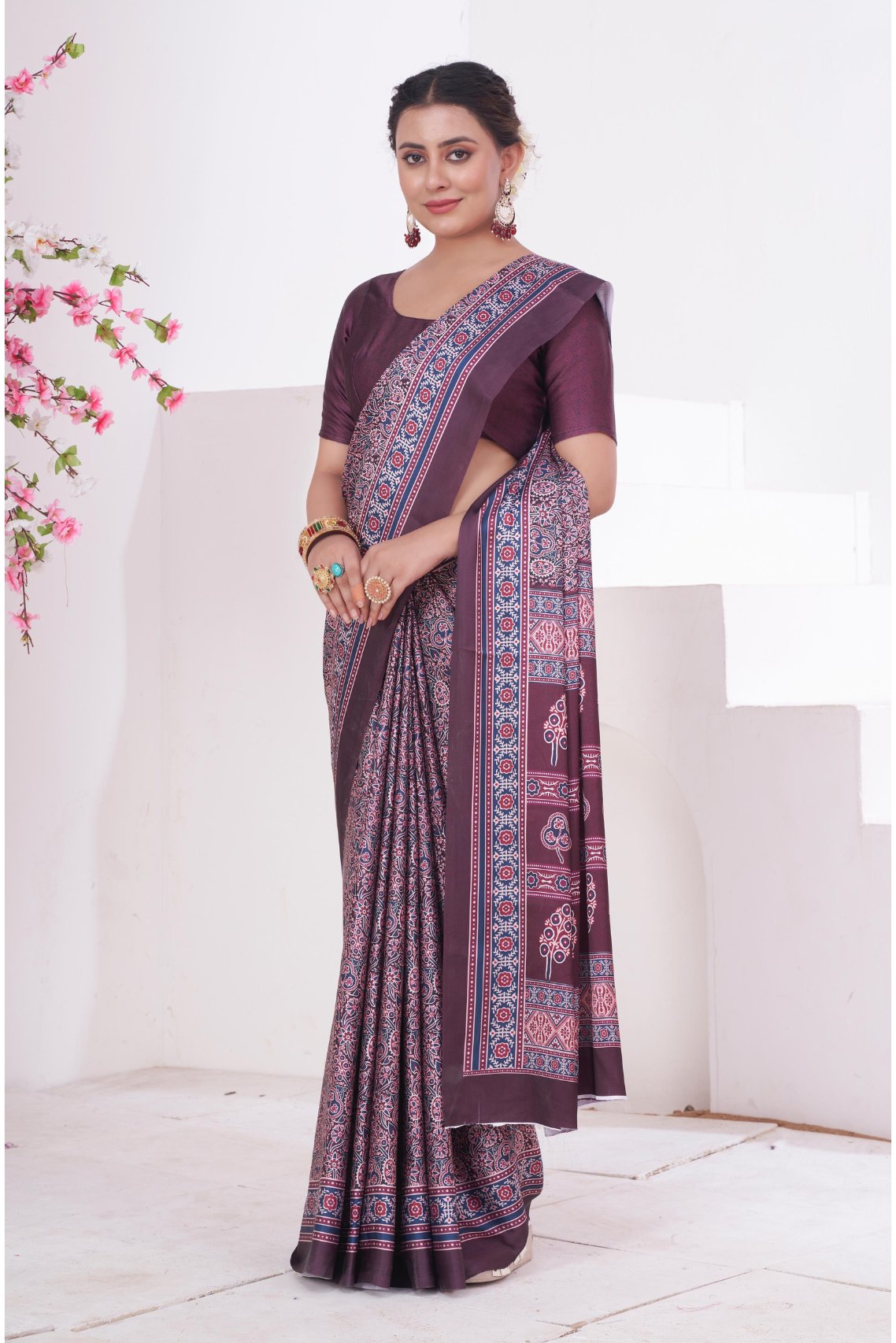 Mountbatten Purple Ajrakh Printed Satin Crepe Saree