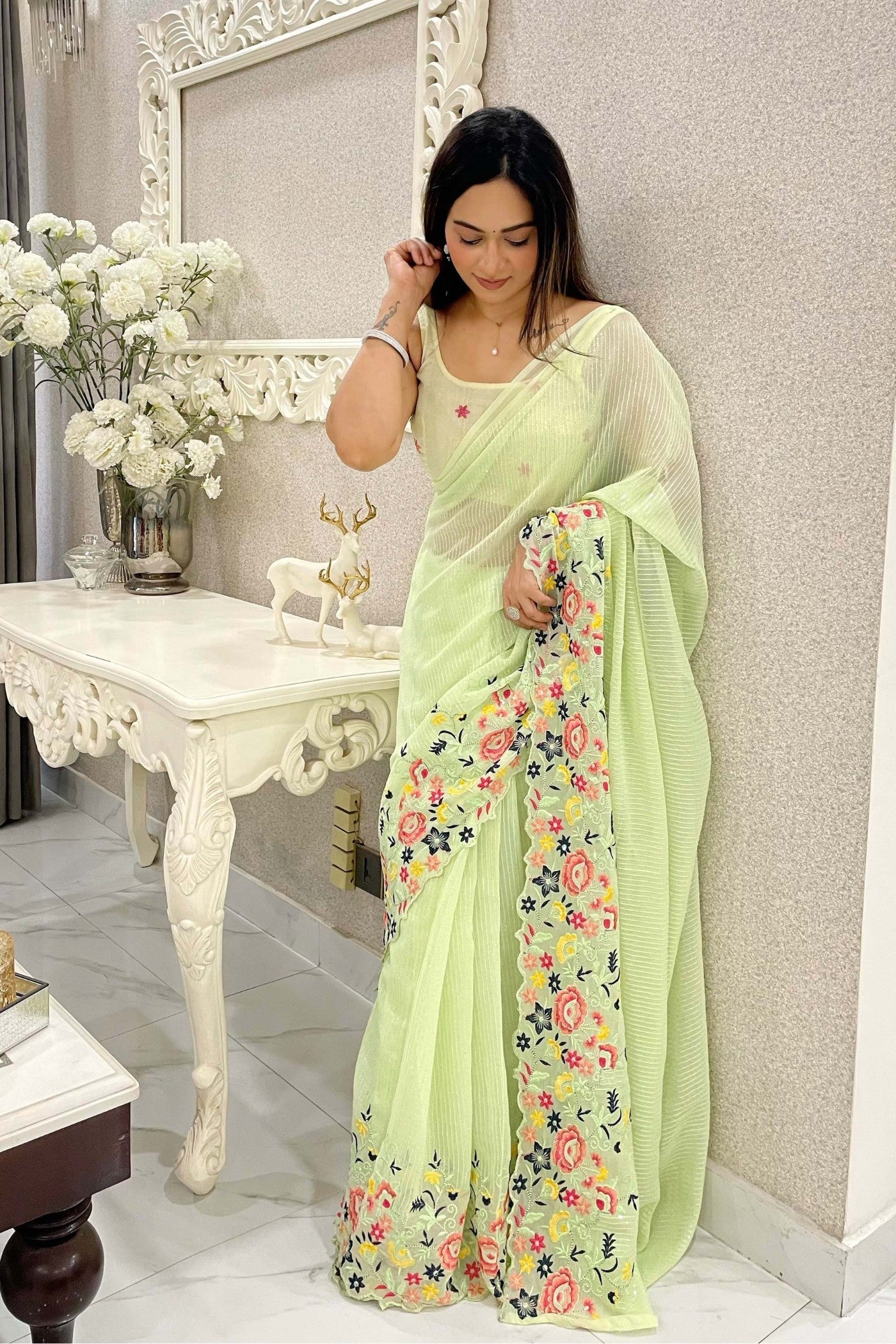 Tea Green Embroidered Partywear Saree