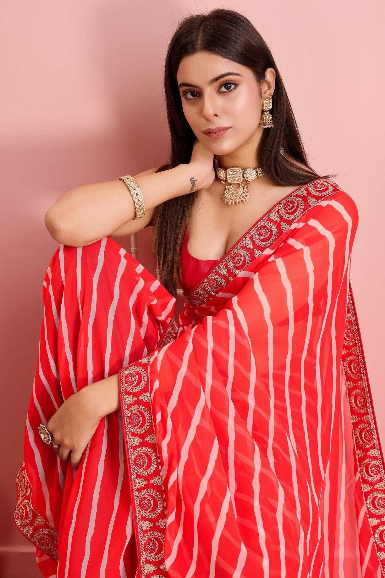 Monza Red Georgette Lehriya Silk saree